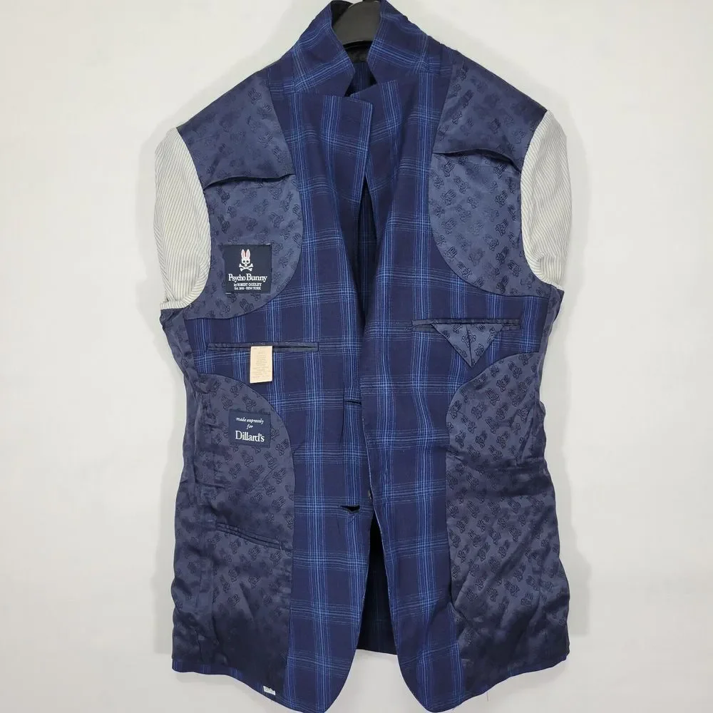 Psycho‎ Bunny Men's Sport Coat Blazer Two Button Navy Blue Plaid Wool Size 36S